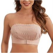 Bigersell Padded Lace Bandeau Bra Women Front Closure Strapless Push up Bra Wedding Tube Crop Tops Hook \u0026 Eye Closure Wireless Bralettes, B12-9, Beige, L